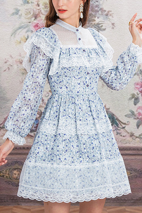 Blue Chiffon Stand Collar French Lace Floral Embroidered Trumpet Long Sleeves Ruffled Sweet Lolita OP Dress - Blue - 1