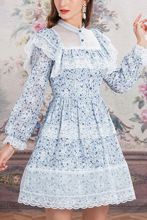 Blue Chiffon Stand Collar French Lace Floral Embroidered Trumpet Long Sleeves Ruffled Sweet Lolita OP Dress - Blue - 1