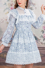 Blue Chiffon Stand Collar French Lace Floral Embroidered Trumpet Long Sleeves Ruffled Sweet Lolita OP Dress - Blue - 1