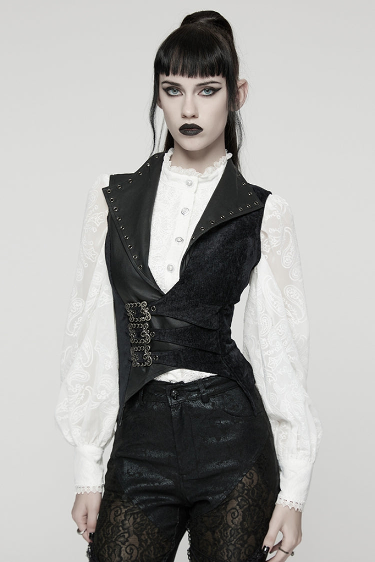 Black V Collar Sleeveless Lace-Up Buckled Eyelet Women's Gothic Vest - Black - 1