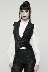 Black V Collar Sleeveless Lace-Up Buckled Eyelet Women's Gothic Vest - Black - 1