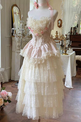 Pink Flower Goddess of Love Ruffle Bowknot Lace Sweet Elegant Lolita Maxi Skirt Dress Set - Product - 3
