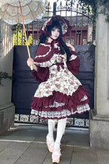 Burgundy Rose Flower Wall Printed Off Shoulder Sleeveless Ruffled Bow Lace Gothic Lolita Jsk Dress - Product - 3