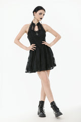 Black Off Shoulder Halterneck Sleeveless Lace Women's Gothic Short Dress - Black - 1