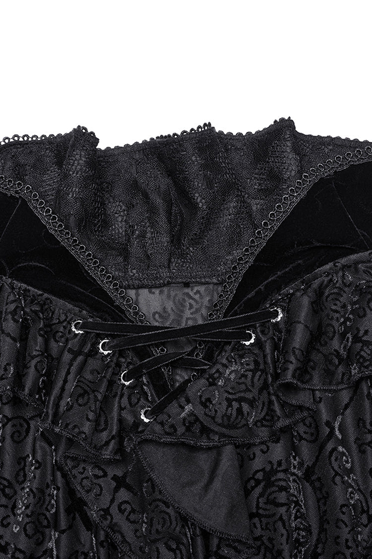 Black Stand Collar Long Sleeves Print Ruffle Men's Gothic Blouse - Product - 6