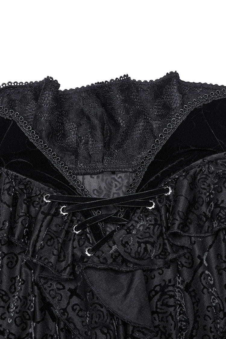 Black Stand Collar Long Sleeves Print Ruffle Men's Gothic Blouse - Product - 6