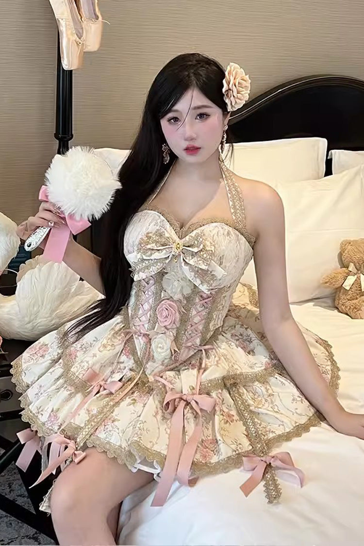 Champagne Halterneck Rich Flower Bowknot Lace-Up Sweet Gorgeous Lolita Skirt Dress Set - Product - 2
