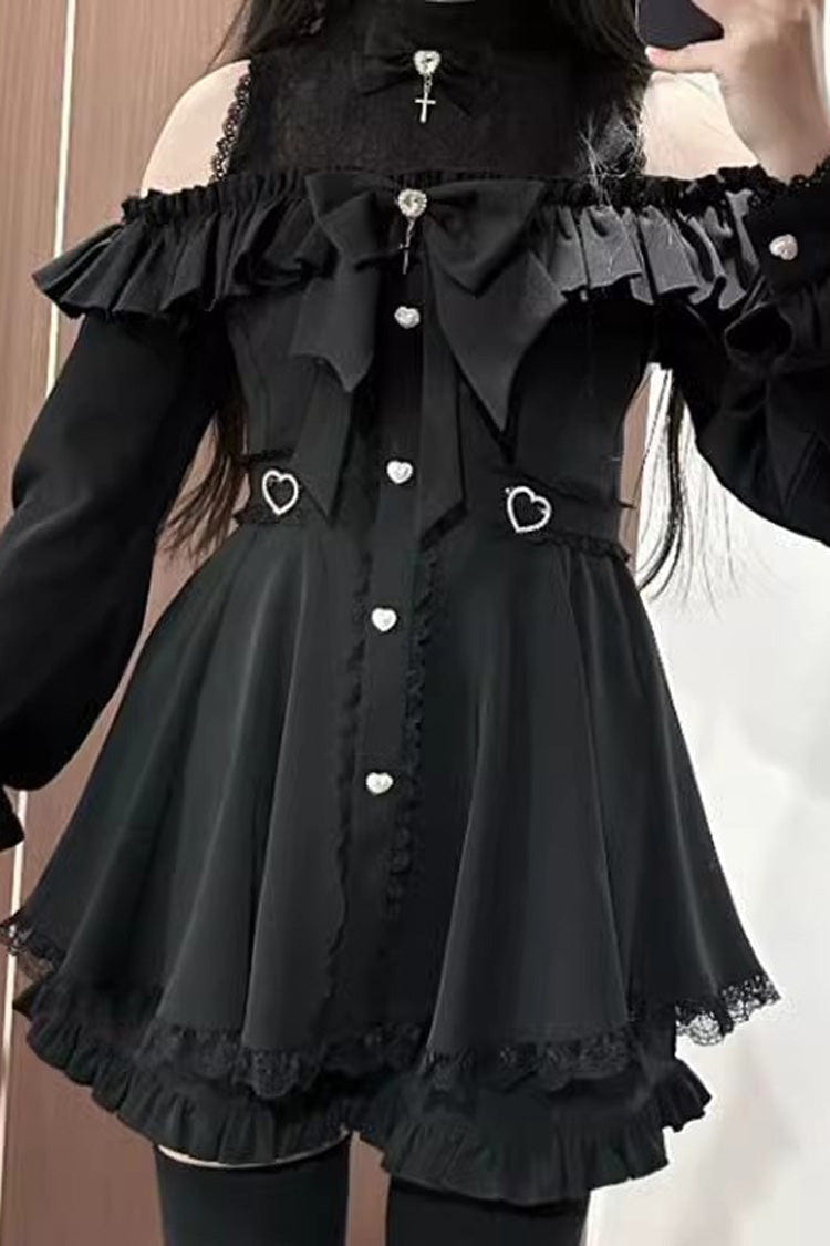 Black Long Sleeves Ruffle Stitching Lace Jirai Kei Japanese Strapless Dress Set - Product - 3