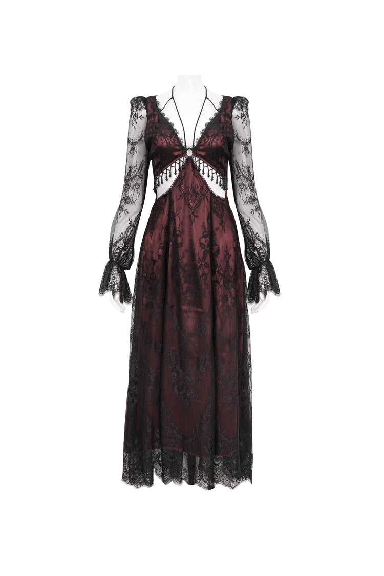 Red Lace Appliqu Adjustable Waist Cutout Women's Gothic Dress - Product - 5
