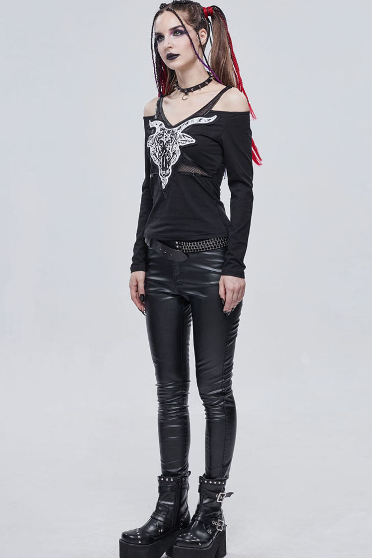 Black Punk Devil Sheep Head Printed Long Sleeves Off The Shoulder Women's Shirt - Product - 8