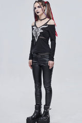 Black Punk Devil Sheep Head Printed Long Sleeves Off The Shoulder Women's Shirt - Product - 8
