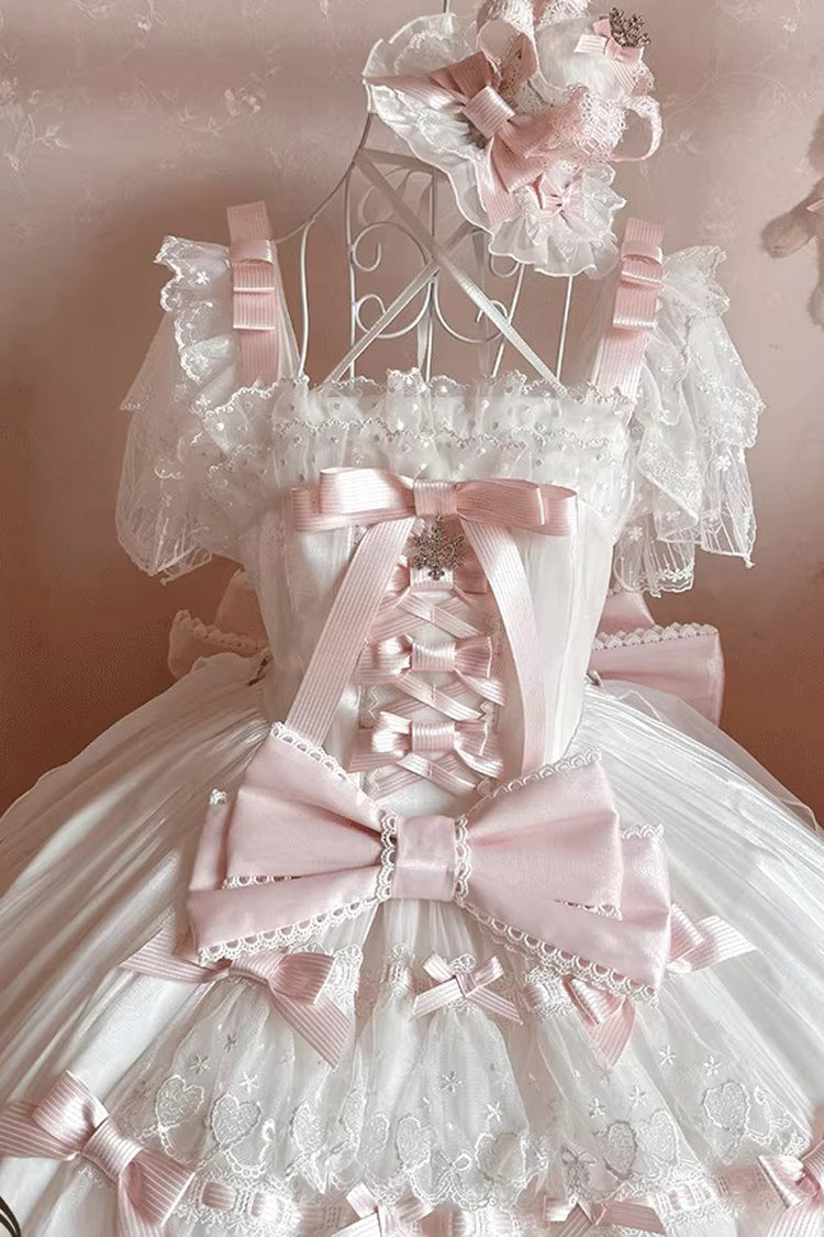 White/Pink [Snow of Love] Ruffled Hanayome Open-Front Bow Lace Sweet Princess Lolita Dress - Product - 9