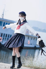 White/Dark Blue Long Sleeves Sweet Japanese School Skirt Set - Product - 5