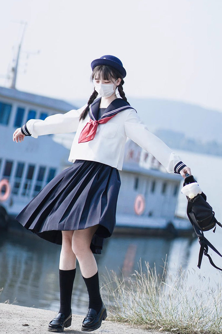 White/Dark Blue Long Sleeves Sweet Japanese School Skirt Set - Product - 5