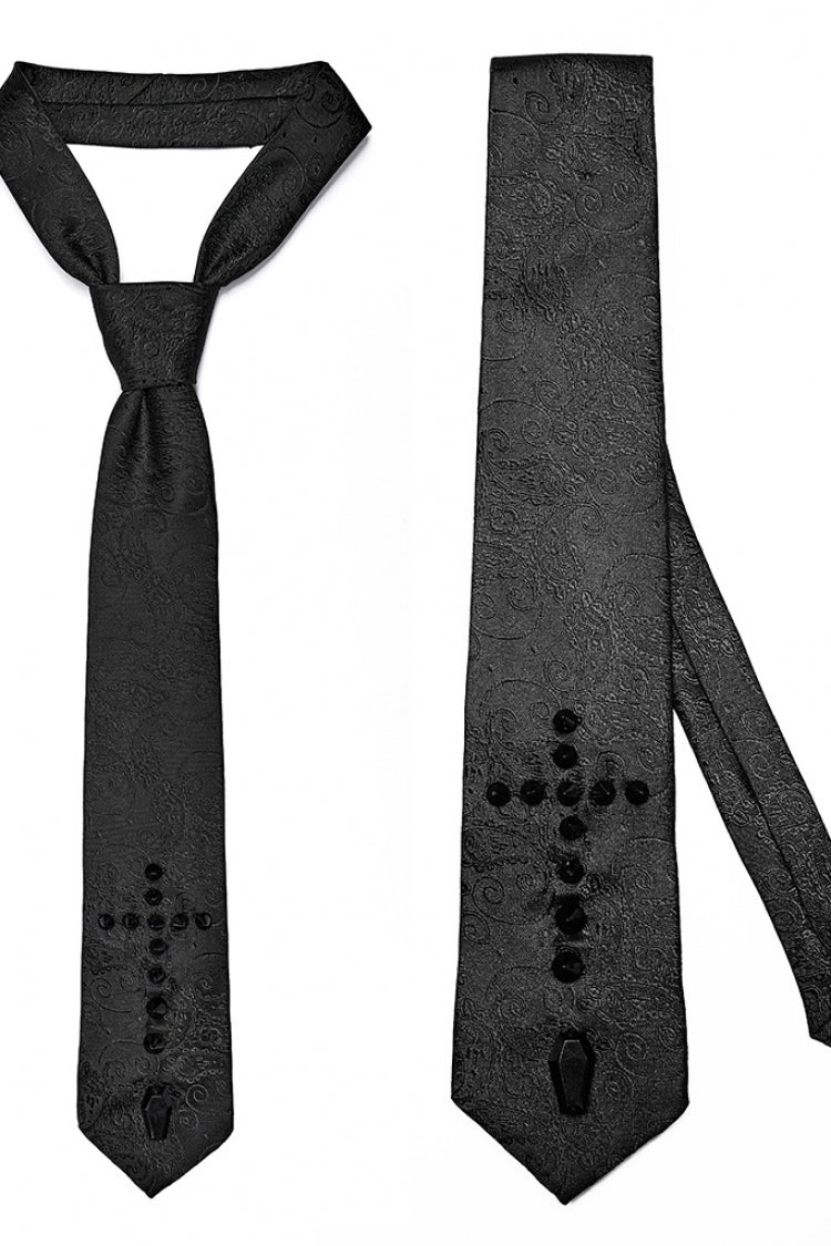 Black Cross Spike Print Embroidery Men's Gothic Tie - Black - 1