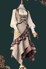 Coffee Brown [The Traveler] Sleeveless Ruffled Irregular Asymmetric Punk Lolita Skirt Set - Coffee-Brown(Set) - 1