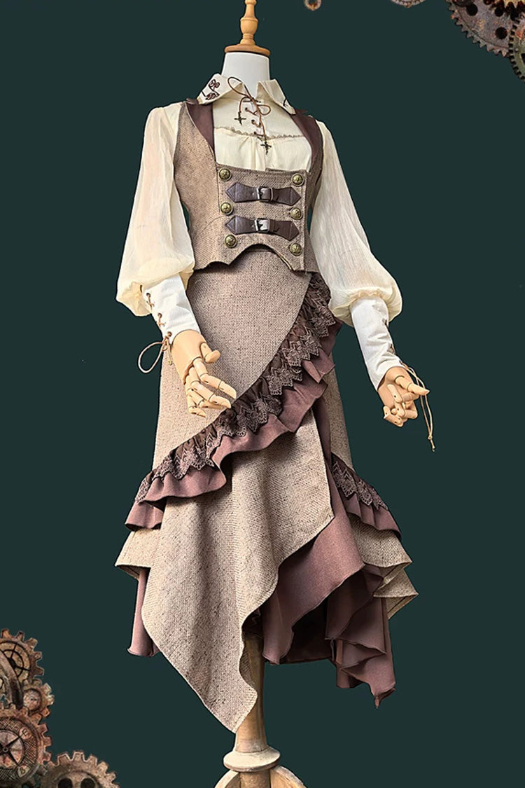 Coffee Brown [The Traveler] Sleeveless Ruffled Irregular Asymmetric Punk Lolita Skirt Set - Coffee-Brown(Set) - 1