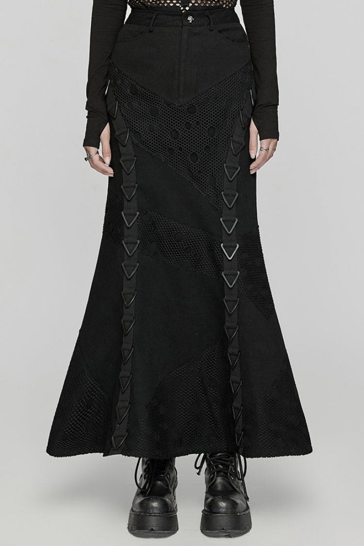 Black Stitching Mesh Triangular Buckle Women's Punk Fishtailed Skirt - Black - 1