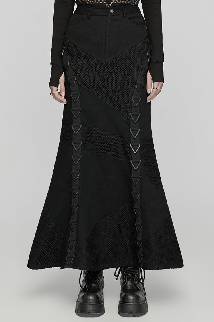 Black Stitching Mesh Triangular Buckle Women's Punk Fishtailed Skirt - Black - 1
