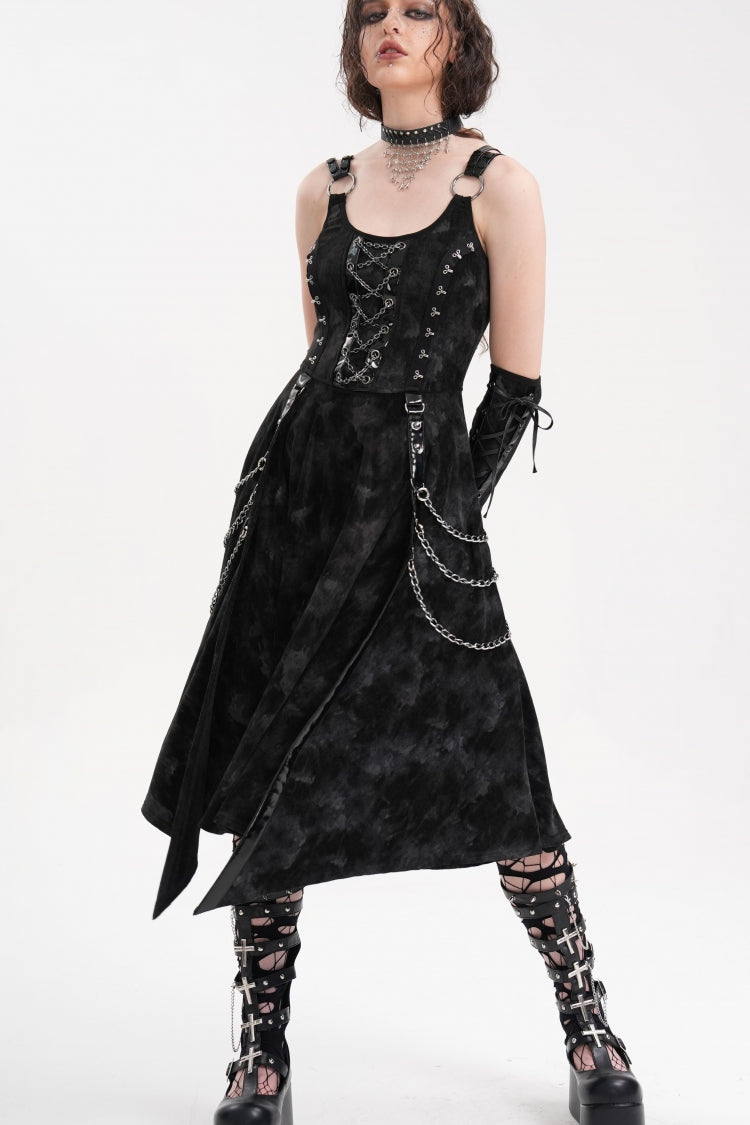 Black Chains Rings Lace-Up Women's Gothic Slip Dress with Gloves - Product - 4