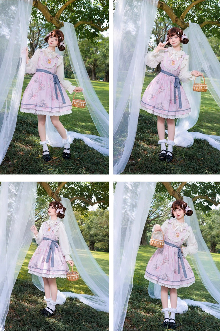 Pink [Lily of the Valley Rabbit] Sleeveless Print Ruffle Bowknot Daily Sweet Lolita Strap Dress - Product - 5