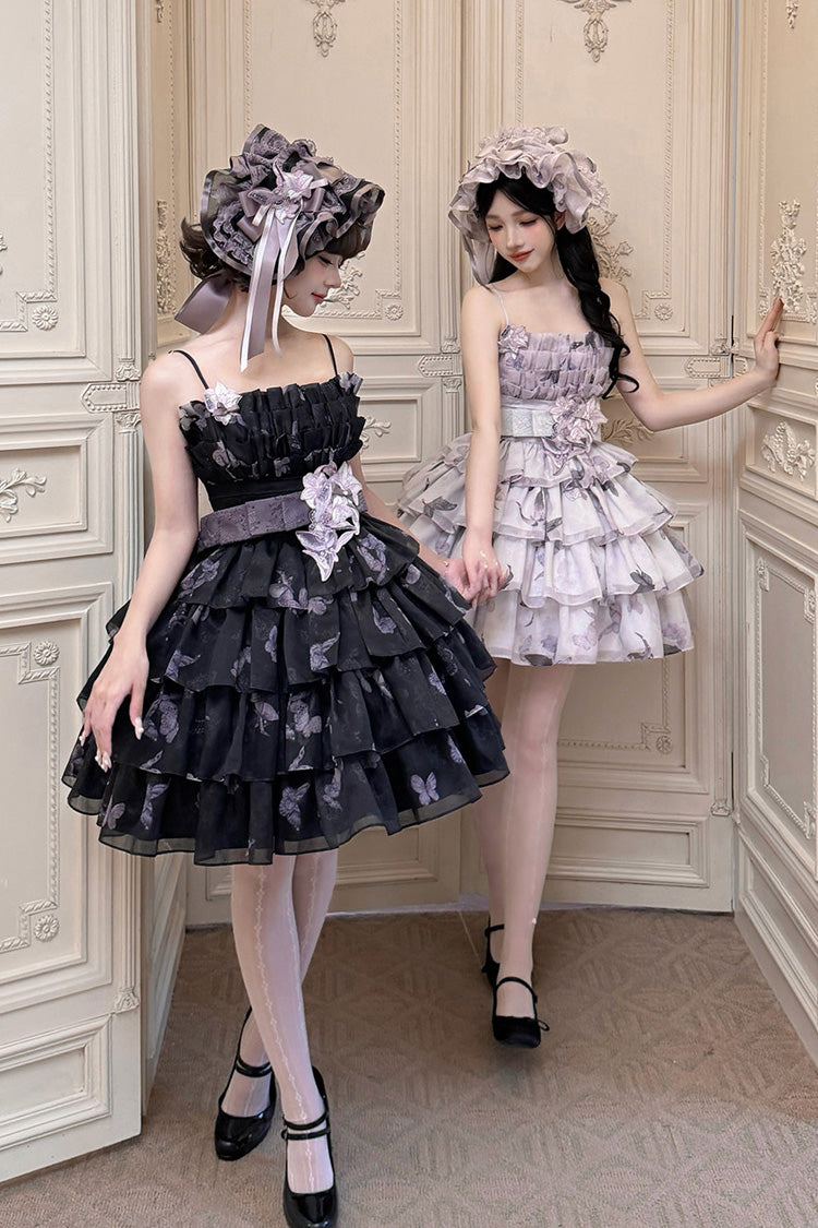 [Stained Glass Dream] Square Collar Sleeveless High Waisted Multi-Layered Printed Ruffled Bow Gothic Lolita Jsk Dress 2 Colors(Black/Purple, White/Purple) - Product - 2