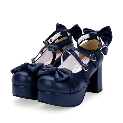 Bowknot Round-toe Sweet Lolita High Heel Shoes - Dark Blue - 3