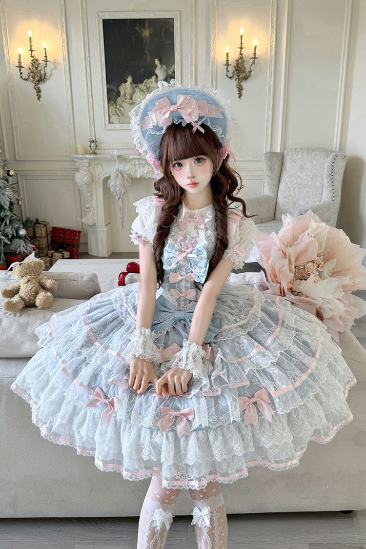 Blue [Moon-Tide Butterfly’s Call] Sleeveless Multi-Layered Ruffle Bowknot Lace Sweet Lolita Jsk Dress - Product - 5