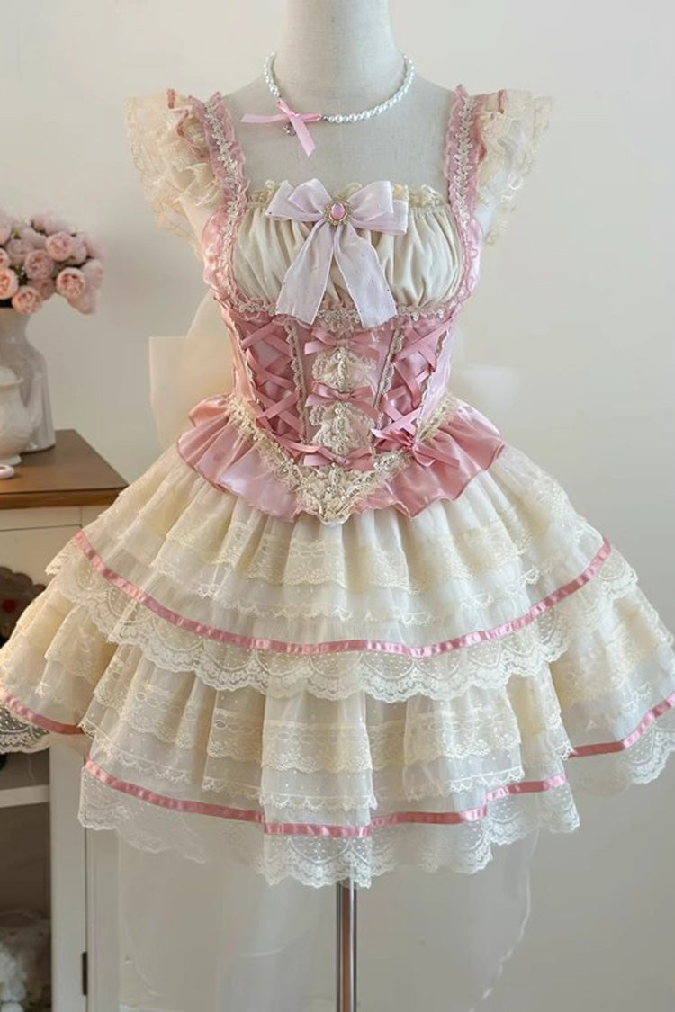 Pink [Girl Love] Double-Layered Bowknot Lace Sweet Ballet Lolita Skirt Set - Pink - 1