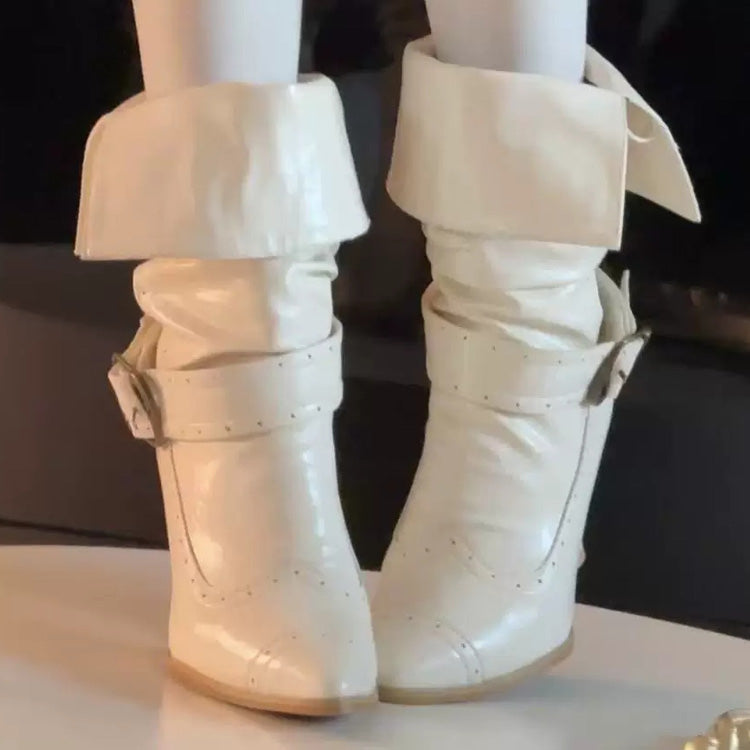 Retro Faux Leather Pointed Toe High Heel Lolita Boots 3 Colors - Beige - 4