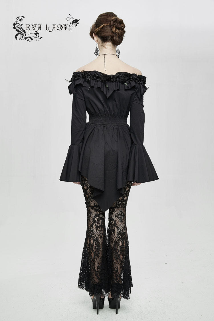Black Rose Flowers Decoration One-Word Collar Long Sleeve Flare Cuff Women's Gothic Blouse - Product - 7
