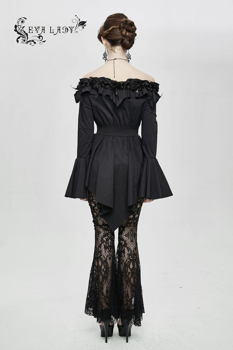 Black Rose Flowers Decoration One-Word Collar Long Sleeve Flare Cuff Women's Gothic Blouse - Product - 7