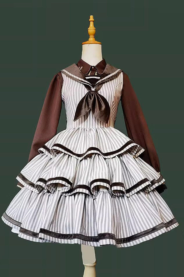 [From the Other Side] Sleeveless Triple-Layered Vertical Stripes Print Print Ruffle Bowknot Sweet College Style Lolita Jsk Dress - Product - 4