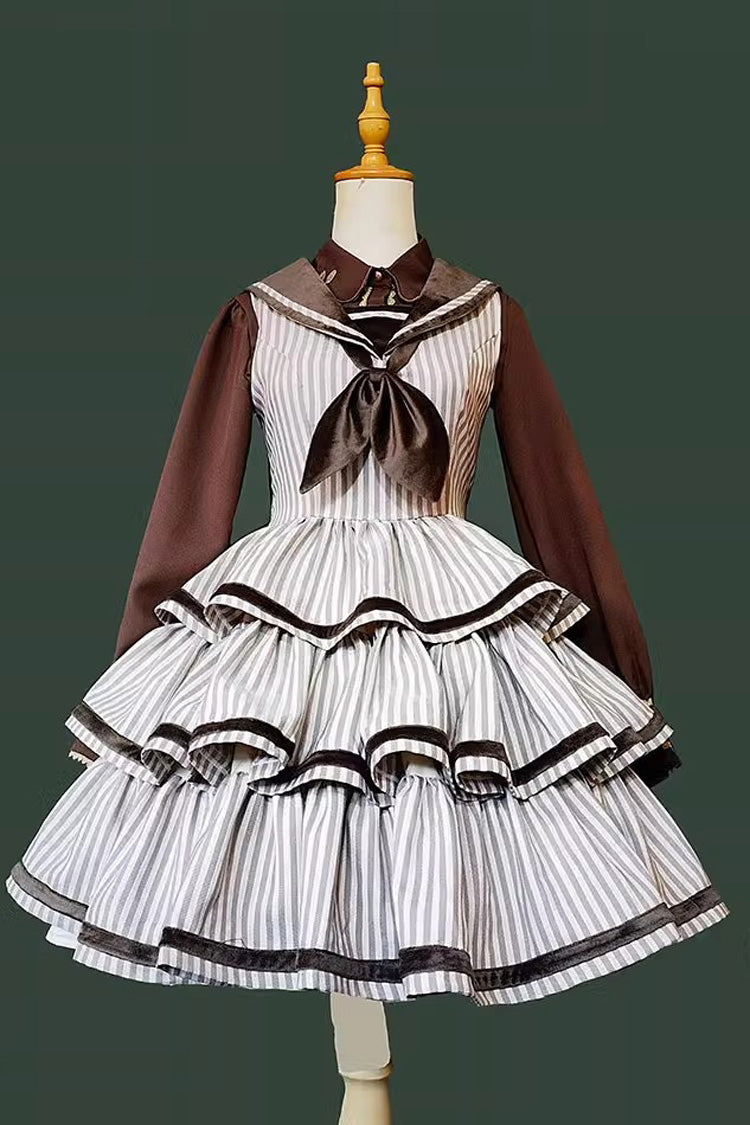 [From the Other Side] Sleeveless Triple-Layered Vertical Stripes Print Print Ruffle Bowknot Sweet College Style Lolita Jsk Dress - Product - 4