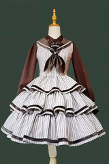 [From the Other Side] Sleeveless Triple-Layered Vertical Stripes Print Print Ruffle Bowknot Sweet College Style Lolita Jsk Dress - Product - 4