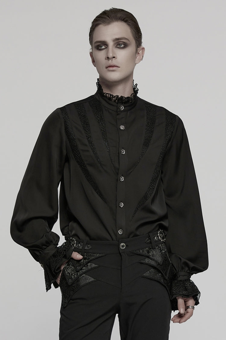 Black Stand Collar Long Puff Sleeves Stitching Lace Men's Gothic Blouse - Black - 1