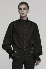 Black Stand Collar Long Puff Sleeves Stitching Lace Men's Gothic Blouse - Black - 1