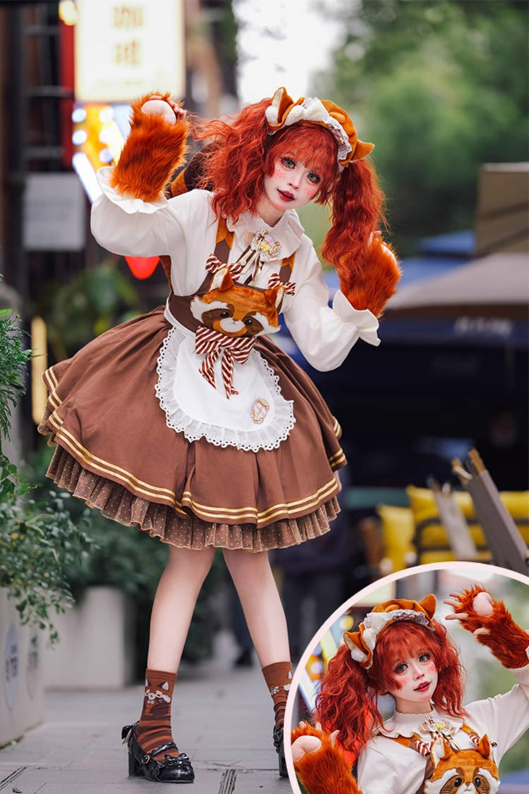 Brown Raccoon Ruffle Bowknot Sweet Lolita Strap Dress - Product - 5