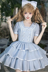 Blue [Seven Day Bell] Navy Collar Short Sleeves Printed Ruffled Bow Sweet Lolita Dress 2 Versions - Product - 16