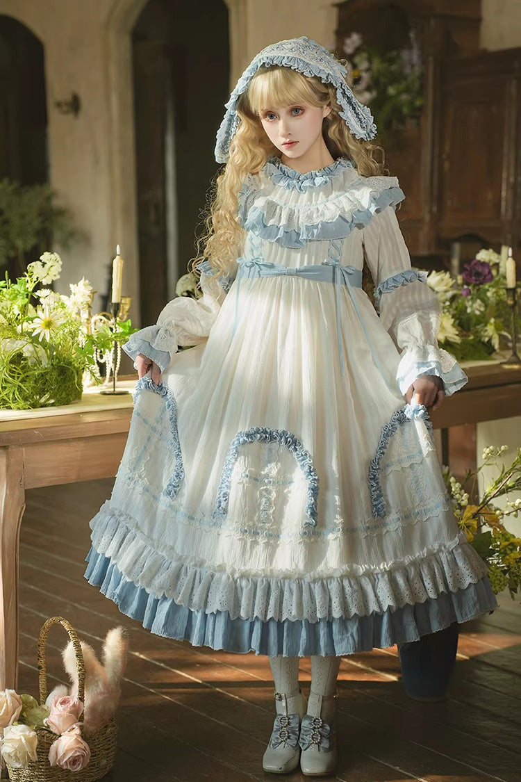 Blue [Twin Lilian] Round Collar Long Sleeves Double-Layered Ruffled Bow Lace-Up Sweet Lolita Dress - Product - 4