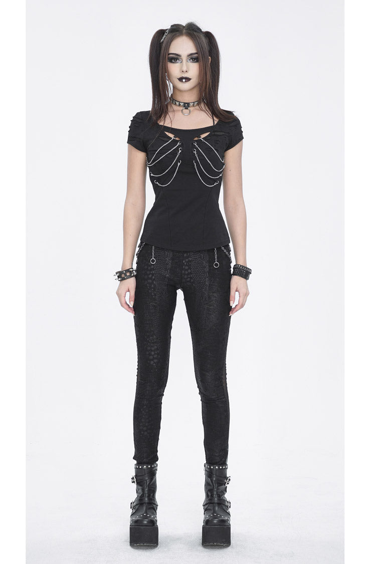 Black Short Sleeves Hollow Ripped Women's Steampunk T-Shirt - Product - 4