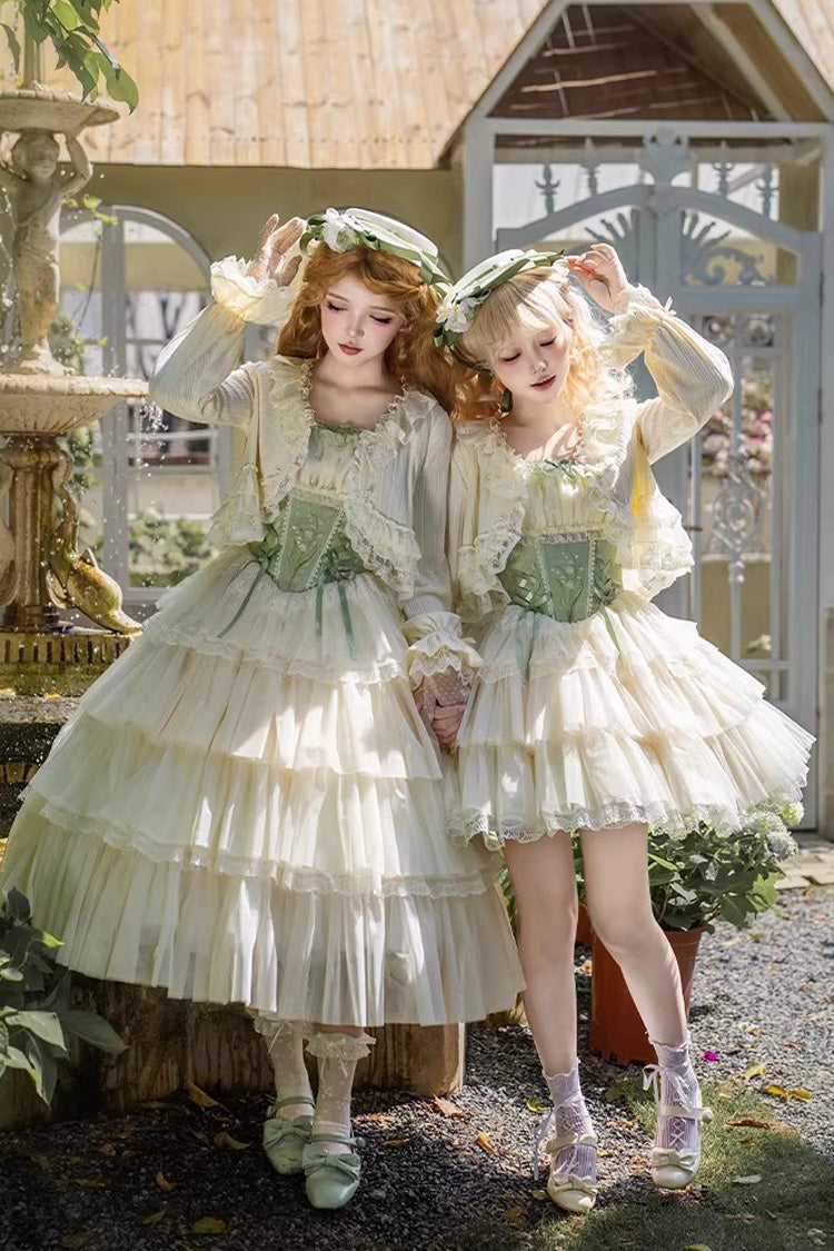 Green [Letters & Poems · Whisper of Lily of the Valley] Square Collar Multi-Layered Ruffled Embroidered Fishbone Sweet Lolita Jsk Dress 2 Versions - Product - 6