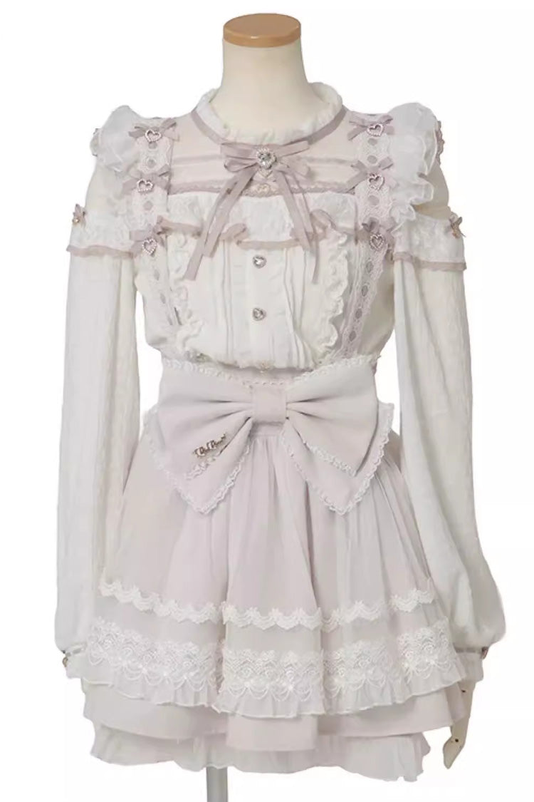 Sweet Sheer Overlay Maid Ruffled Bow Lace-Up Jirai Kei Japanese Suspender Skirt 3 Colors - Pink - 5