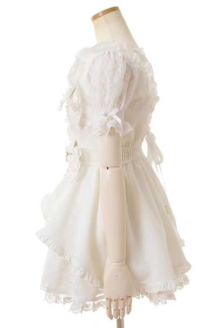 Sweet Jirai Kei Square Collar Short Sleeves Ruffle Bowknot Lace Japanese Dress Set 3 Colors - Product - 6