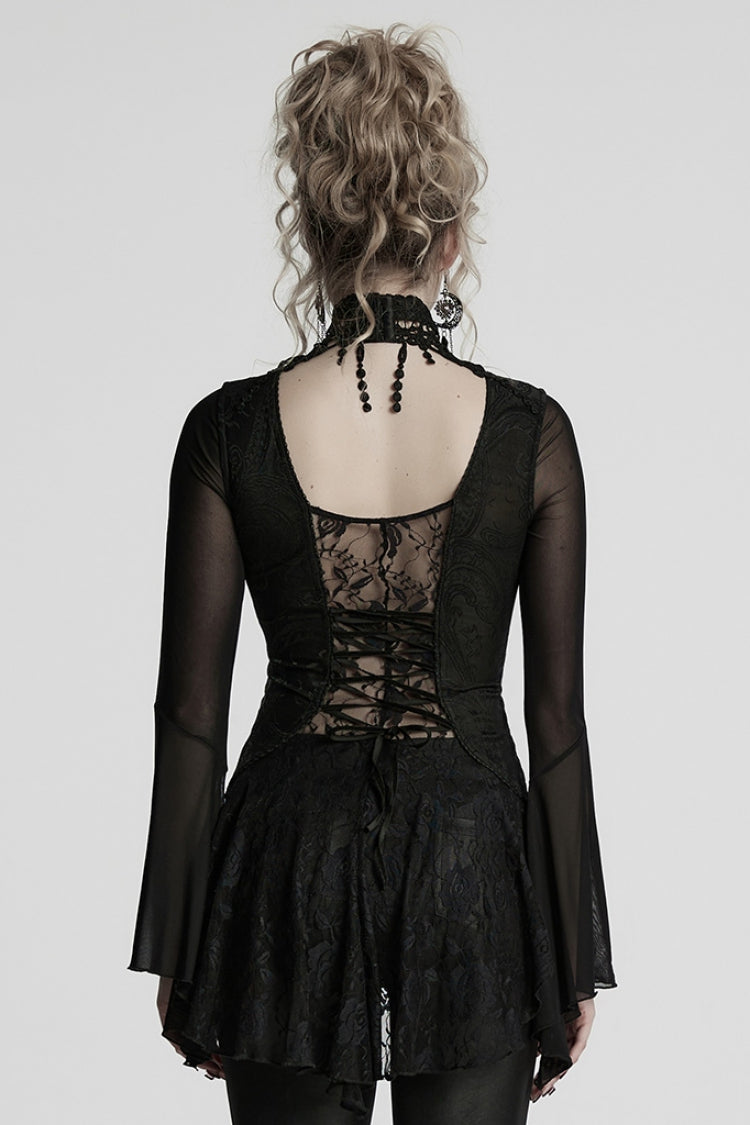 Black V Collar Embroidery Lace Lace-Up Women's Gothic Blouse - Product - 3