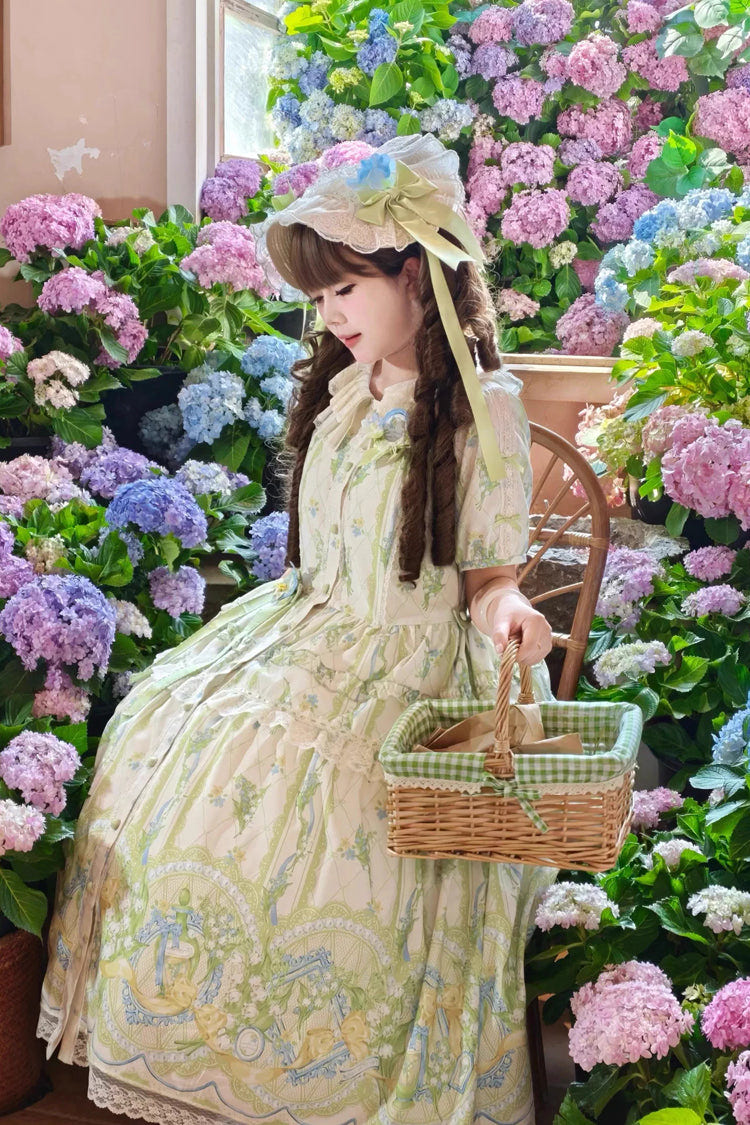 Ivory/Green [Lily of the Valley Perfume] Pearl Candy Tea Doll Collar Short Sleeves Printed Lace Plus Size Sweet Lolita OP Dress - Product - 6
