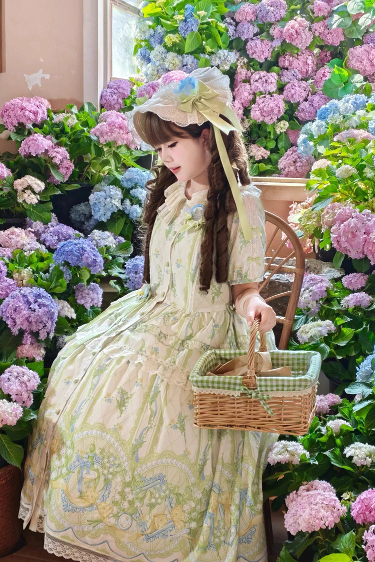 Ivory/Green [Lily of the Valley Perfume] Pearl Candy Tea Doll Collar Short Sleeves Printed Lace Plus Size Sweet Lolita OP Dress - Product - 6