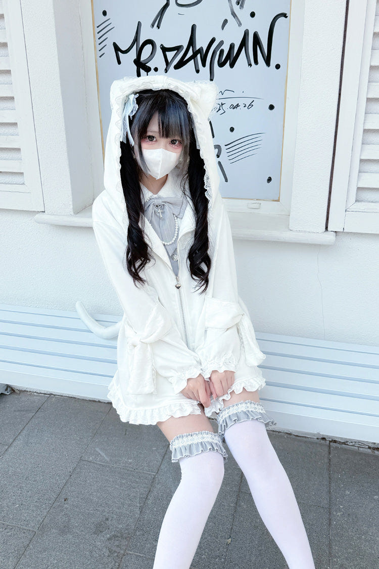White Long Sleeves Cat Ears and Tail  Ruffle Bowknot Hooded Gothic Jirai Kei Coat - Product - 6