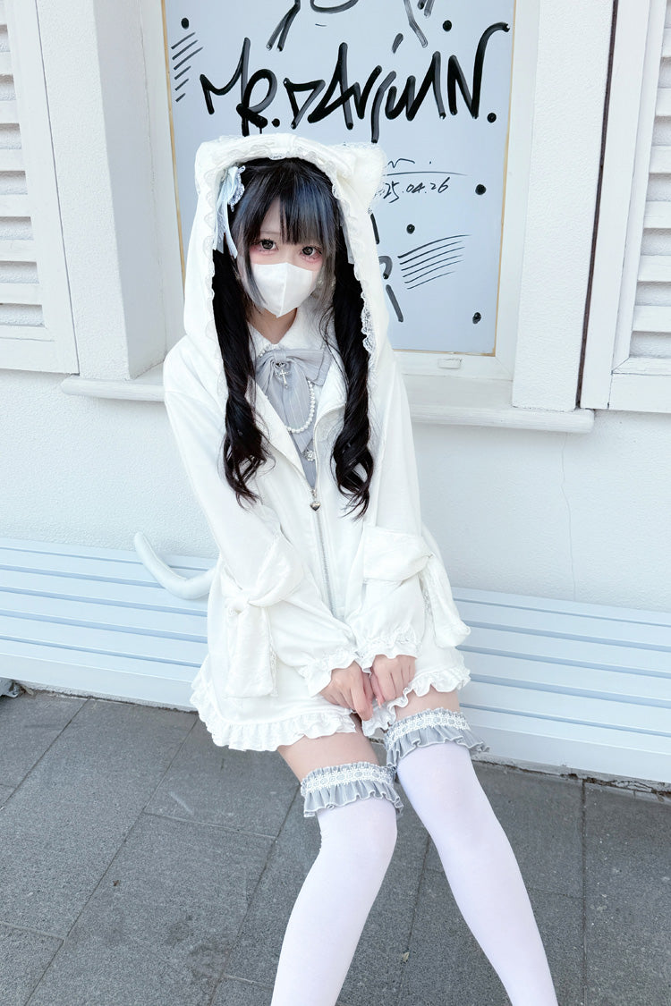 White Long Sleeves Cat Ears and Tail  Ruffle Bowknot Hooded Gothic Jirai Kei Coat - Product - 6