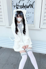 White Long Sleeves Cat Ears and Tail  Ruffle Bowknot Hooded Gothic Jirai Kei Coat - Product - 6